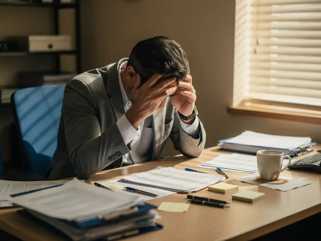 Bezorgde kantoormedewerker met hoofd in handen aan rommelig bureau met verspreide papieren en lege koffiemok