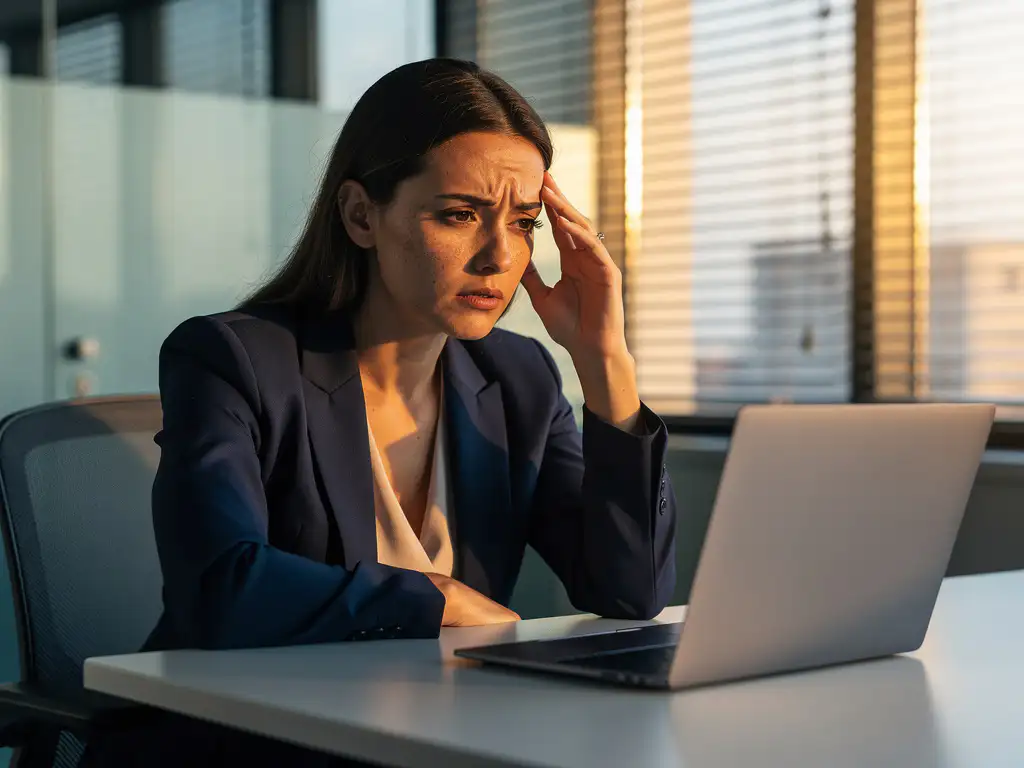 Professionele vrouw in pak houdt hoofd vast terwijl ze gestrest naar laptop kijkt in modern kantoor met natuurlijk licht