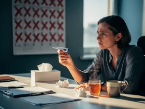 Zieke werknemer met thermometer aan bureau met kalender vol rode kruisjes, tissues en dampende thee