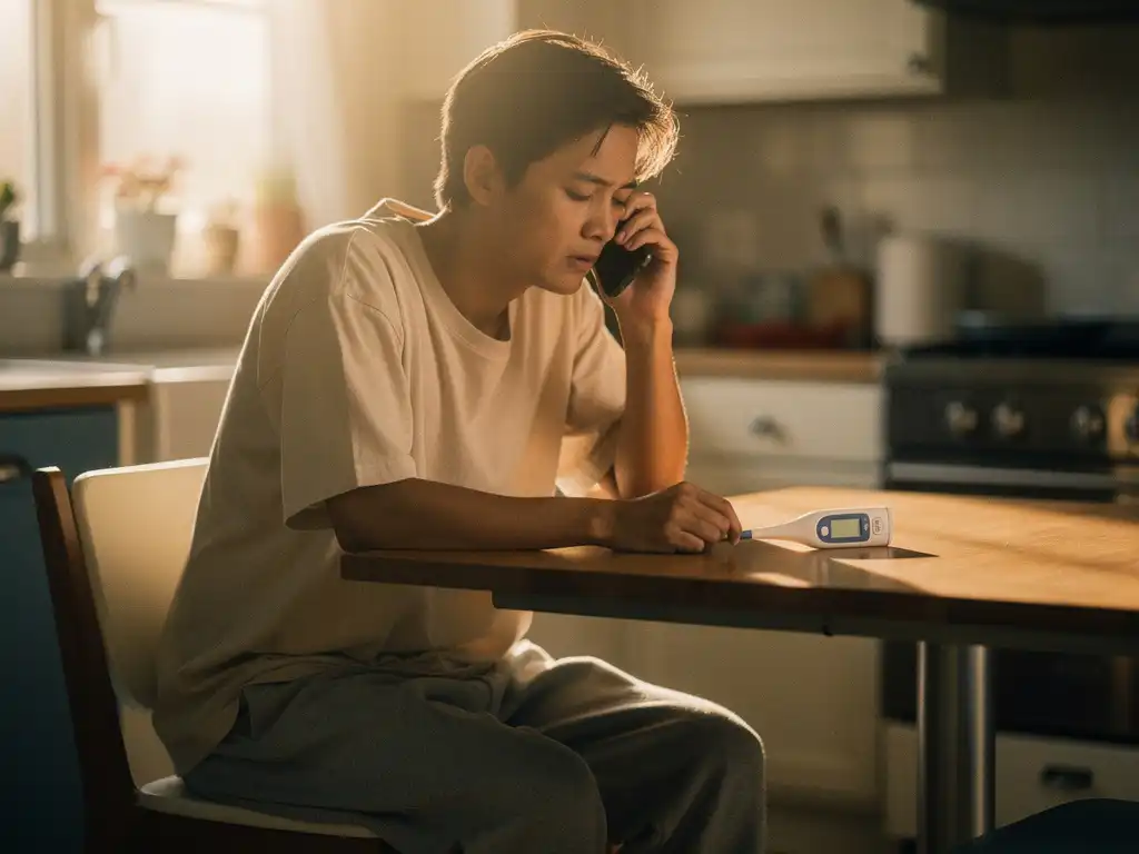 Zieke werknemer in huiskleding aan keukentafel met thermometer, belt werkgever om zich ziek te melden in warm ochtendlicht.