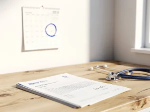 Kalender met omcirkelde datum op kantoorwand, doktersbriefje en verlofaanvraag op licht eiken bureau, stethoscoop erbij.