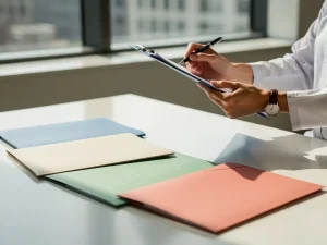 Zorgverlener houdt klembord vast met gekleurde mappen op wit bureau, natuurlijk licht door kantoorvensters