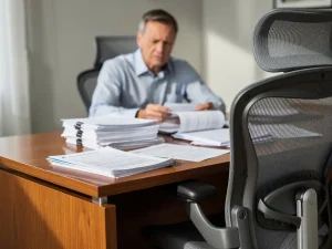 Bezorgde kantoormanager bekijkt verzuimdocumenten aan houten bureau, lege bureaustoel op voorgrond symboliseert langdurige afwezigheid