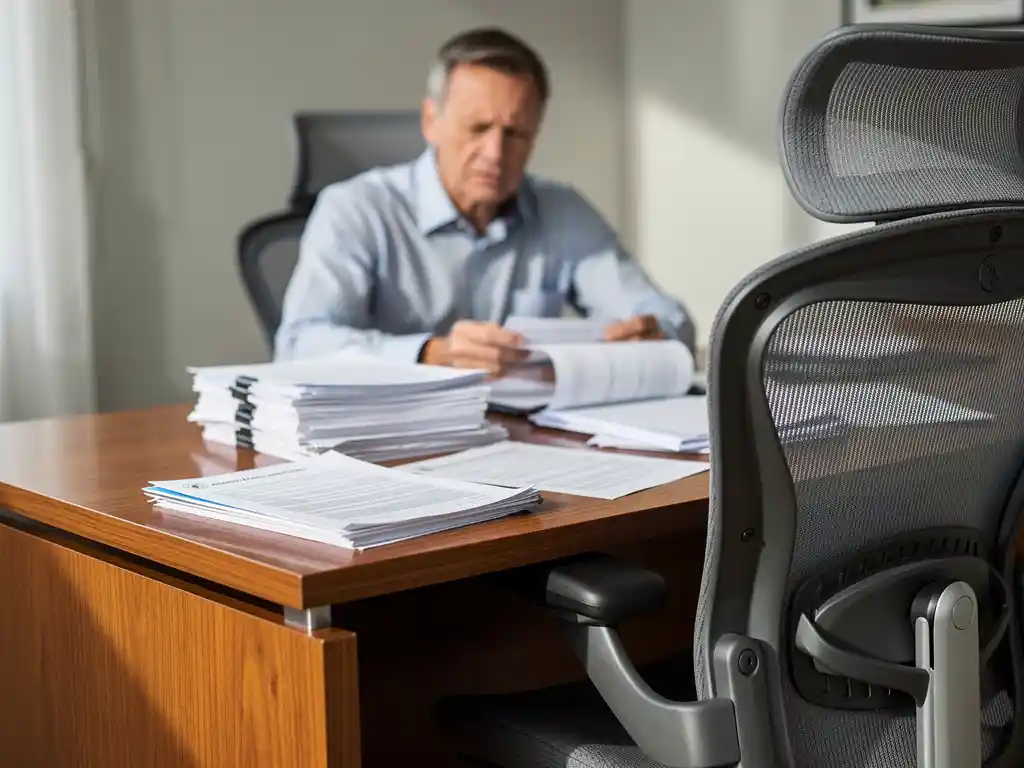 Bezorgde kantoormanager bekijkt verzuimdocumenten aan houten bureau, lege bureaustoel op voorgrond symboliseert langdurige afwezigheid