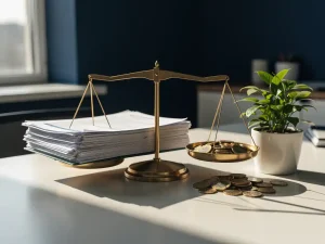 Weegschaal op modern bureau met medische verzuimdossiers tegenover euromunten en groene plant, symboliseert balans tussen ziekteverzuim en herstel.