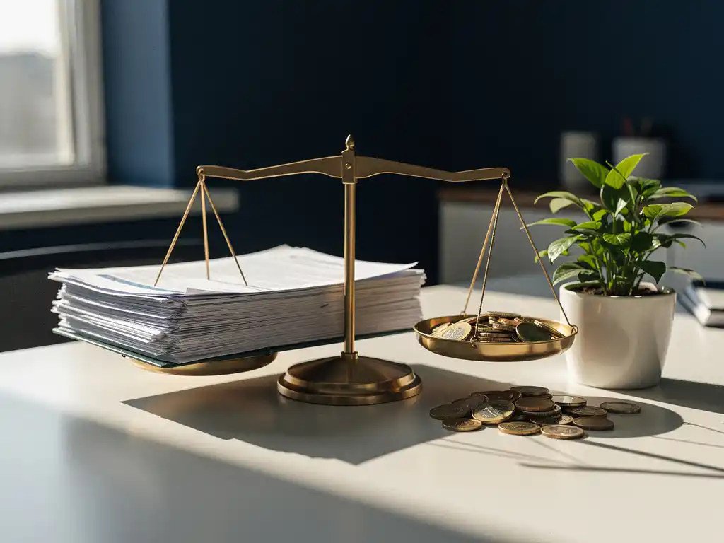 Weegschaal op modern bureau met medische verzuimdossiers tegenover euromunten en groene plant, symboliseert balans tussen ziekteverzuim en herstel.