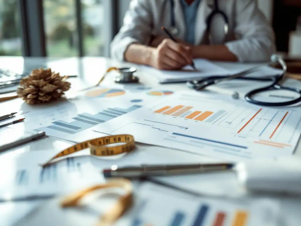 Zorgconsultant analyseert prestatiegrafieken op wit bureau met meetlint en stethoscoop in natuurlijk kantoorlicht