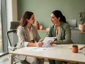 Zwangere vrouw in kantoorkleding bespreekt documenten met HR-collega aan modern bureau, warme en ondersteunende sfeer.