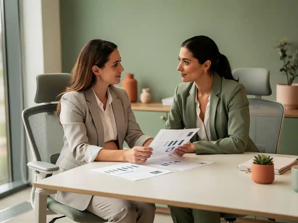 Zwangere vrouw in kantoorkleding bespreekt documenten met HR-collega aan modern bureau, warme en ondersteunende sfeer.