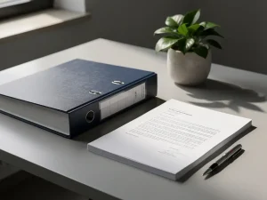 Dikke juridische map en arbeidsovereenkomst op kantoorbureau, met potplant en pen in zacht natuurlijk licht.