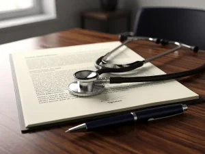 Open juridisch contract op eikenhouten bureau met stethoscoop over de pagina's en pen klaar voor ondertekening.