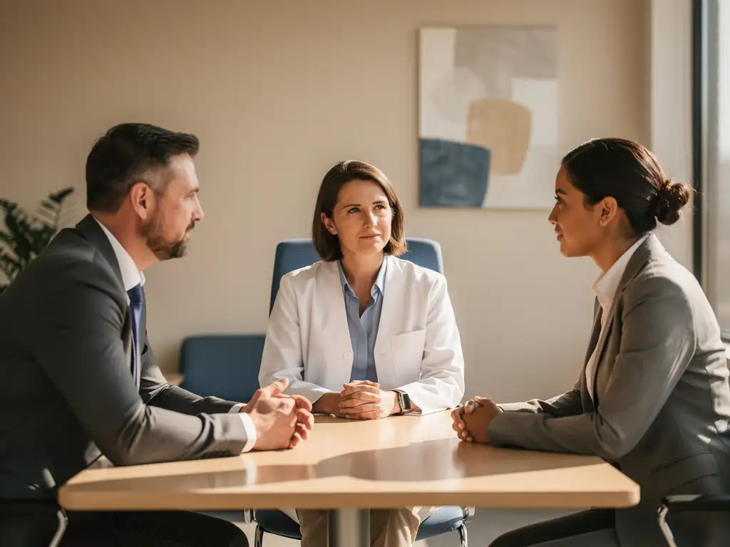 Bedrijfsarts bemiddelt tussen twee collega's aan een eikenhouten tafel in een rustige, professionele spreekkamer.