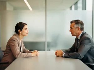 Bedrijfsarts in gesprek met manager aan modern kantaartafel, vooroverleunend met aandachtige houding, zacht natuurlijk licht op de achtergrond.