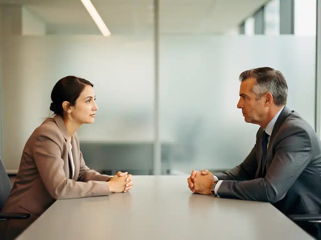 Bedrijfsarts in gesprek met manager aan modern kantaartafel, vooroverleunend met aandachtige houding, zacht natuurlijk licht op de achtergrond.