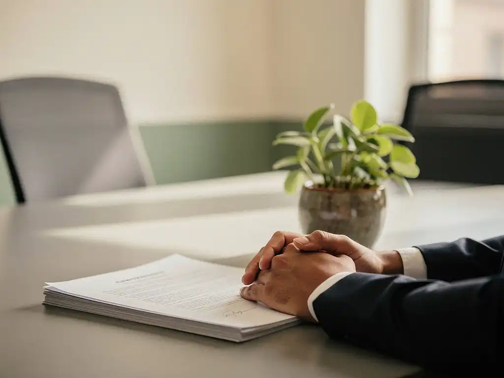 Mediator legt handen rustig op conferentietafel naast gevouwen arbeidscontract en kleine plant, lege stoelen op achtergrond.
