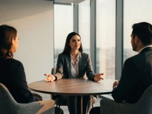 Professionele mediator aan ronde tafel tussen twee collega's in modern kantoor, handen open op tafel, warm natuurlijk licht.