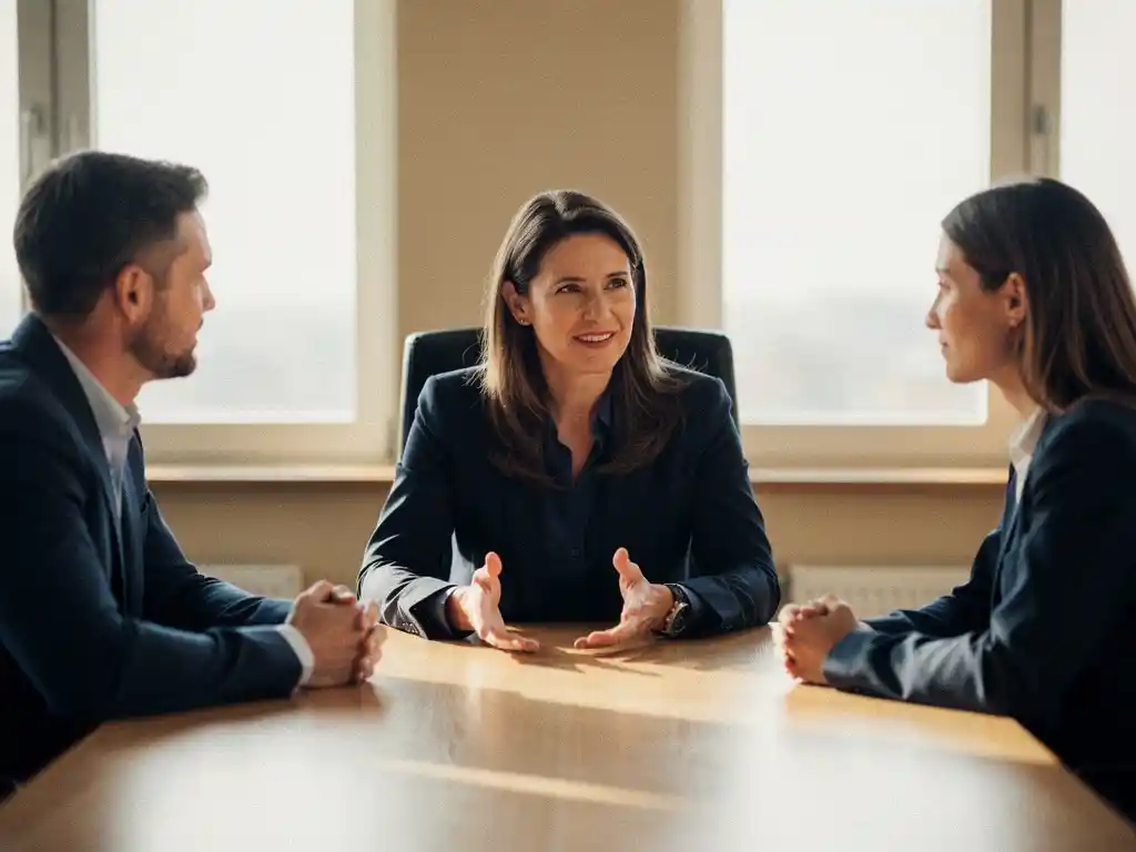 Professionele mediator aan eikenhouten vergadertafel met open handgebaar richting twee collega's in rustige kantooromgeving.