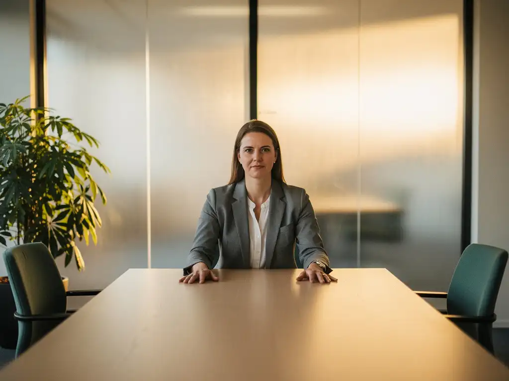 Bemiddelaar legt handen plat op conferentietafel in modern Nederlands kantoor met twee lege stoelen en zacht middaglicht.