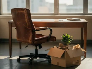 Verlaten lederen bureaustoel bij opgeruimd houten bureau met halfgevulde verhuisdoos, plant en koffiemok, zacht ochtendlicht door raam.
