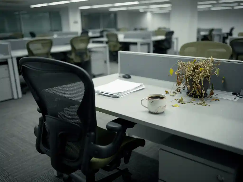 Verlaten bureaustoel voor een opgeruimd bureau met onafgevinkte takenlijsten, een verwelkte plant en koud kopje koffie in een steriel kantoor.