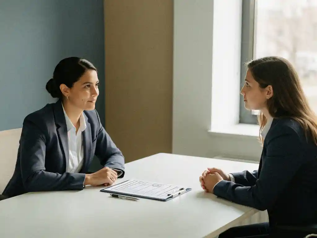 Casemanager en medewerker bespreken document aan bureau tijdens begeleideingsgesprek in lichte kantooromgeving.