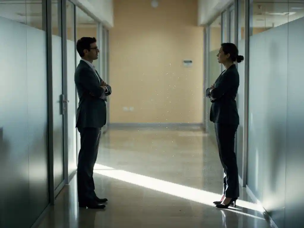 Twee collega's staan met gekruiste armen van elkaar afgekeerd in een kantoorgang, zichtbare spanning tussen hen.