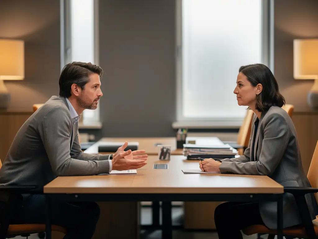 Twee collega's in gesprek aan een bureau, één leunt voorover met open handen in kalmerend gebaar, modern Nederlands kantoorinterieur.