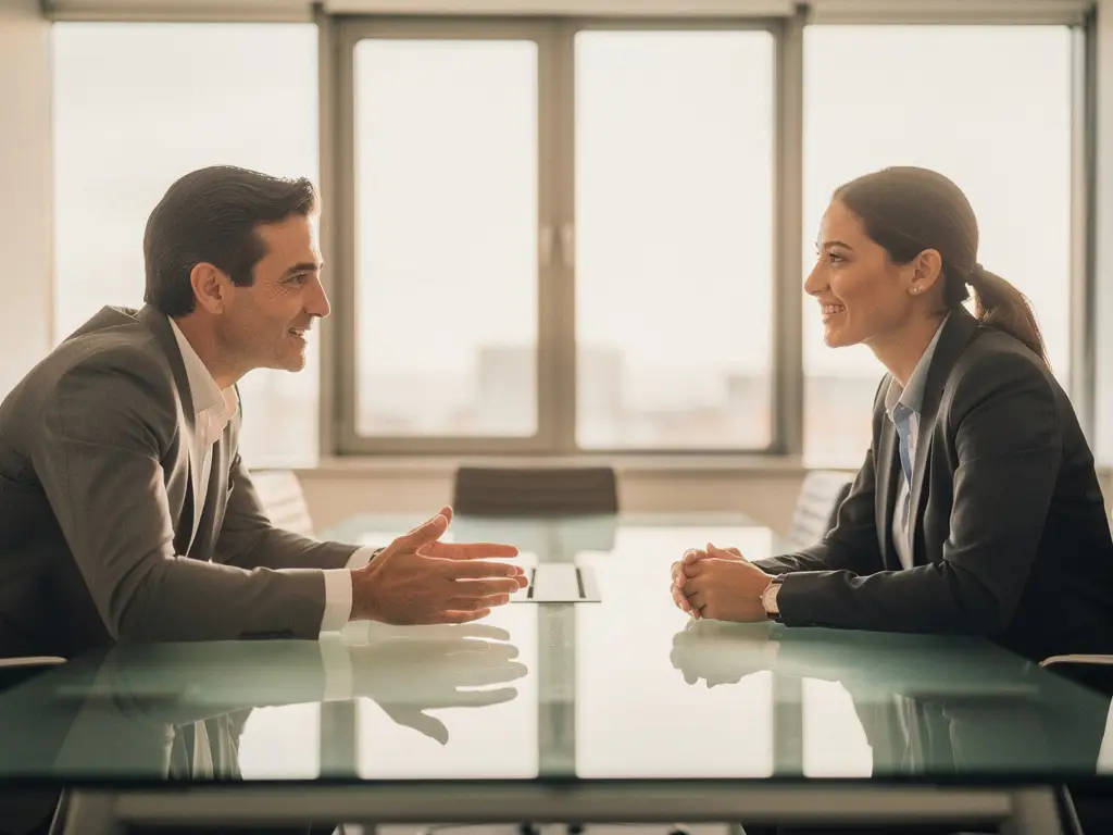 Twee collega's in gesprek aan een vergadertafel, één leunt voorover met open handen in een constructief gebaar, warm natuurlijk licht.