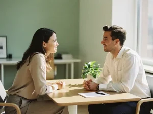 Twee collega's in gesprek aan een moderne houten werktafel, omgeven door warm natuurlijk licht en een kleine groene plant.