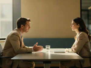 Twee collega's in gesprek aan een moderne kantoortafel, één leunt voorover met open handen in eerlijk overleg, zacht natuurlijk licht.