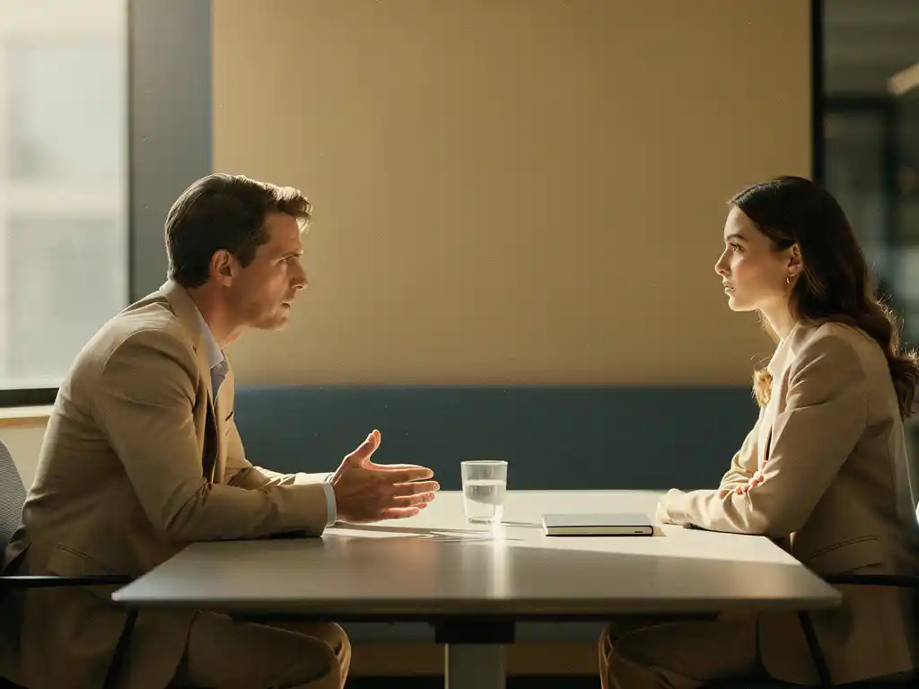 Twee collega's in gesprek aan een moderne kantoortafel, één leunt voorover met open handen in eerlijk overleg, zacht natuurlijk licht.