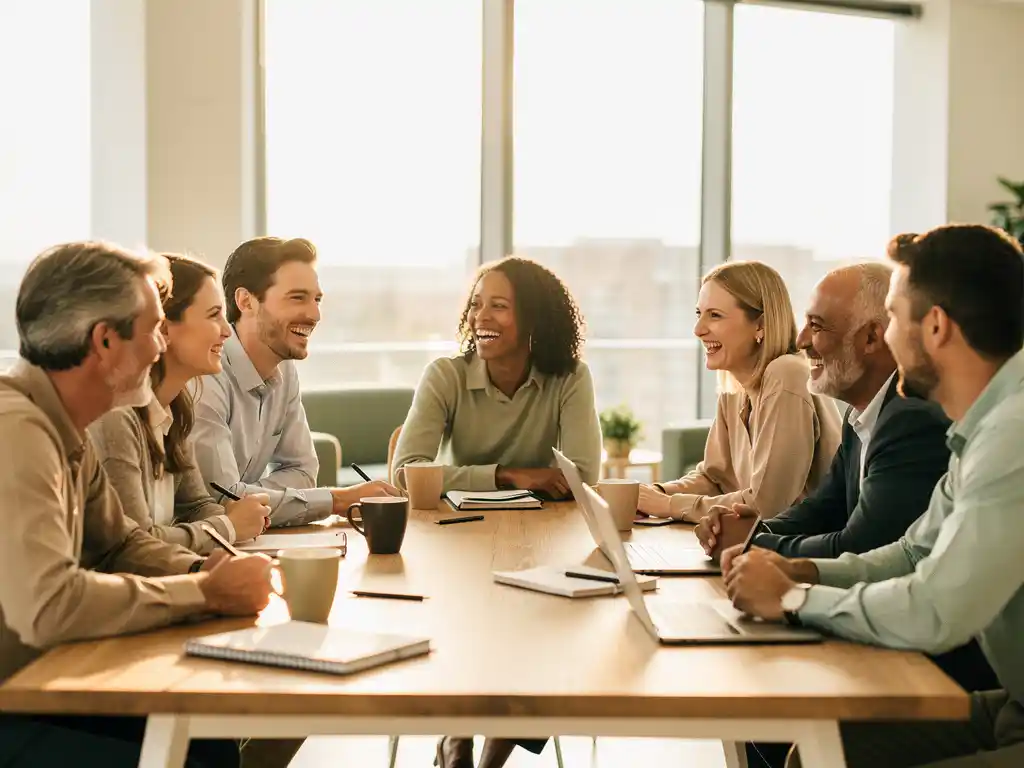 Diverse collega's lachen samen aan een houten tafel in een licht modern kantoor, met koffie en notitieboekjes in warm natuurlijk licht.