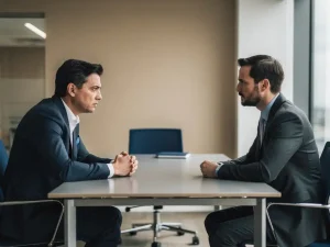 Twee collega's in gespannen professioneel overleg aan een moderne vergadertafel, één leunt voorover met gevouwen handen.