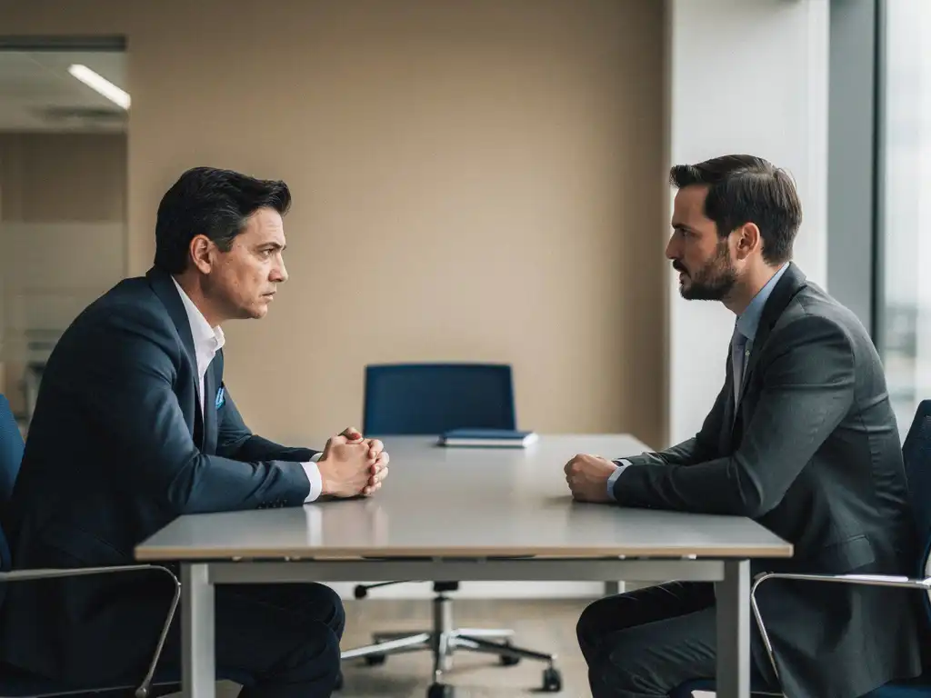 Twee collega's in gespannen professioneel overleg aan een moderne vergadertafel, één leunt voorover met gevouwen handen.