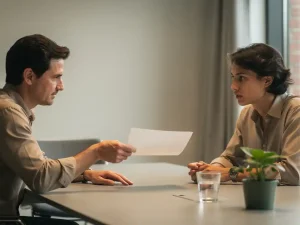 Twee collega's aan een vergadertafel waarbij één persoon een vel papier overhandigt als verzoeningsgebaar, zacht natuurlijk licht.
