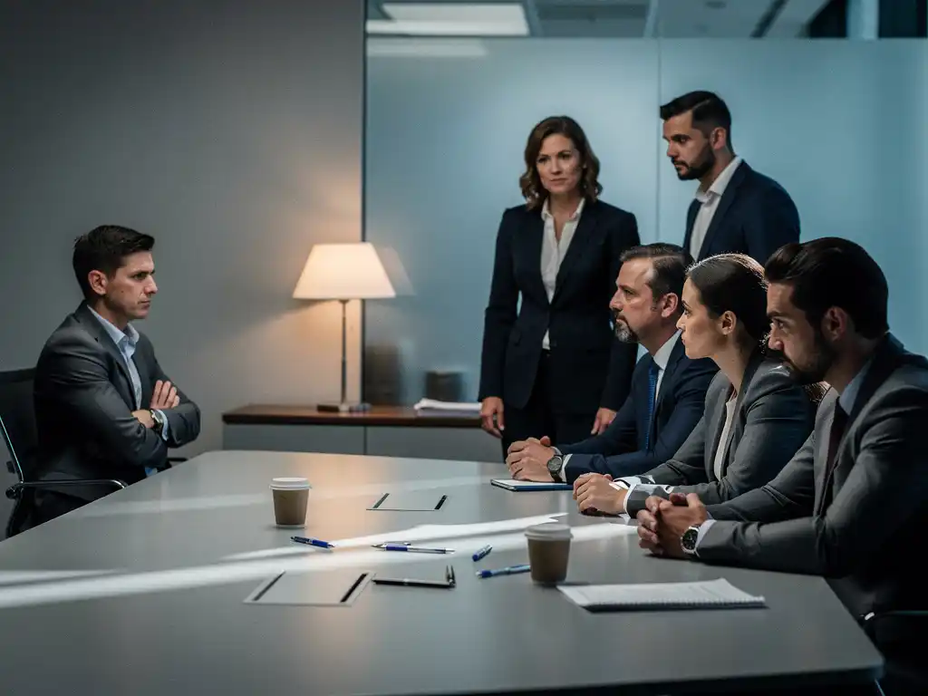 Gespannen teamvergadering waarbij een medewerker met gekruiste armen apart zit terwijl collega's ongemakkelijke blikken wisselen.