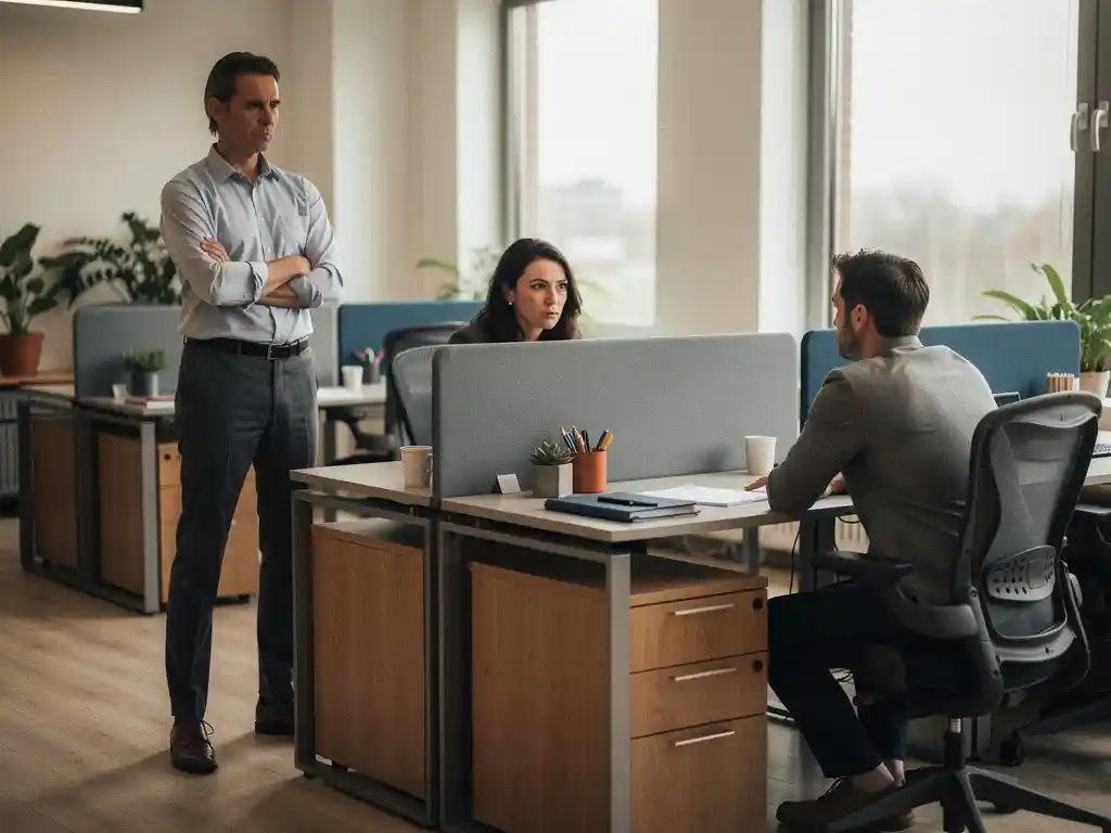 Drie collega's in een modern Nederlands kantoor met zichtbare spanning, één staand met gekruiste armen, twee zittend van elkaar afgekeerd.