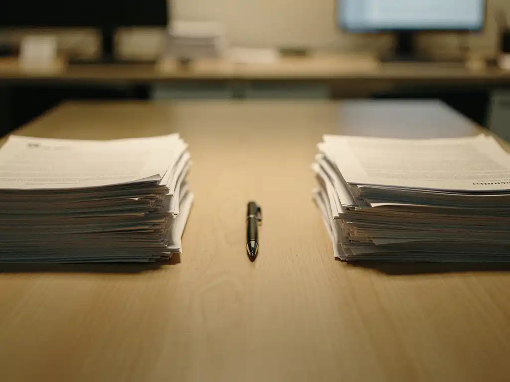 Twee stapels documenten op een houten bureau met een pen precies in het midden, zachte kantoorverlichting en onscherpe achtergrond.