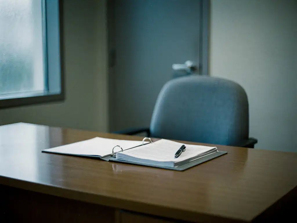 Leeg bureau van een casemanager met open dossiermap en pen, onbezette stoel ervoor, zachte blauwgrijze tinten in professionele kantooromgeving.