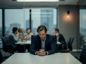 Kantoormedewerker zit afgezonderd tijdens teamvergadering, schouders naar binnen gedraaid, terwijl collega's levendig overleggen op de achtergrond.