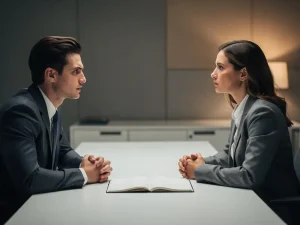 Jonge professional tegenover een aandachtige manager aan een bureau, open notitieboek tussen hen in, sfeer van vertrouwen en openheid.