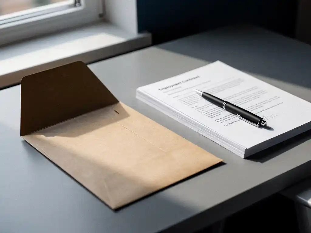 Verzegelde bruine envelop op bureau naast een opengeslagen arbeidscontract met pen, zachte natuurlijke belichting.