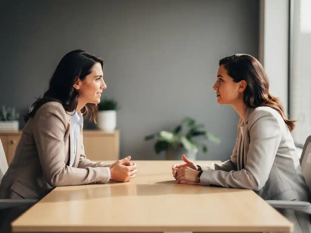Medewerker en manager in open gesprek aan een opgeruimd kantaartafel, ontspannen maar aandachtige houding, warm natuurlijk licht.
