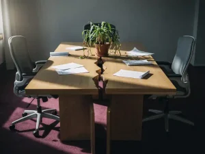 Gebarsten houten vergadertafel met uiteen geschoven stoelen, verwelkte plant en ongetekende documenten in dramatisch zijlicht.