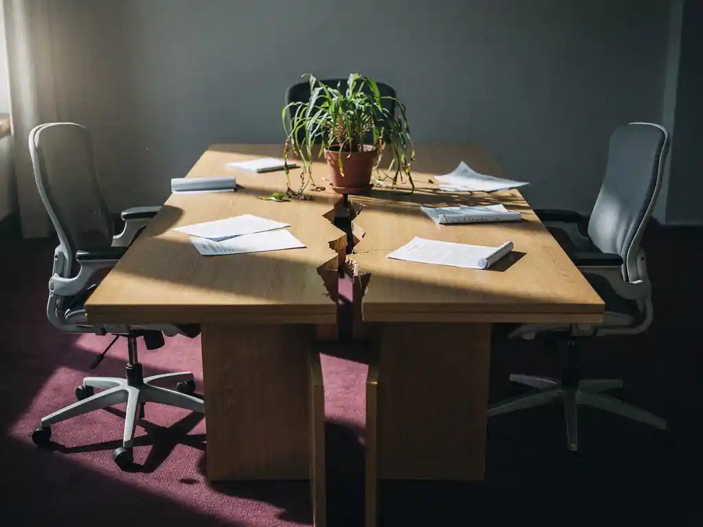 Gebarsten houten vergadertafel met uiteen geschoven stoelen, verwelkte plant en ongetekende documenten in dramatisch zijlicht.