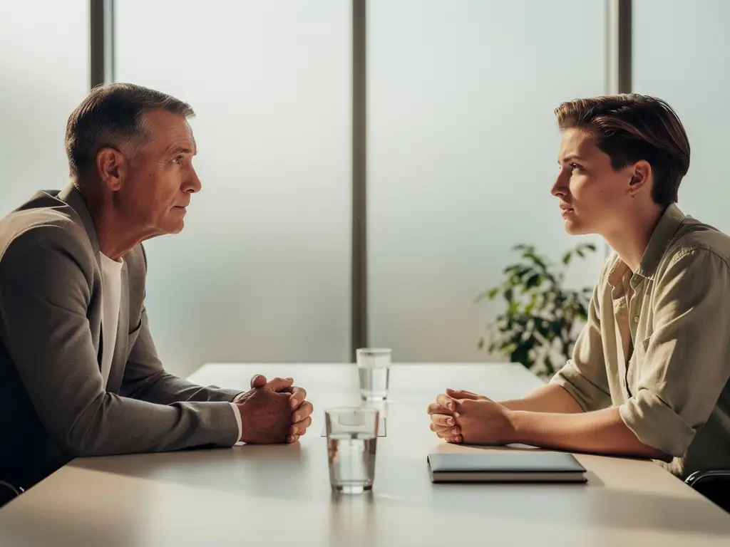 Manager en medewerker in gesprek aan vergadertafel, open maar voorzichtige lichaamstaal, warm natuurlijk licht door matglas.