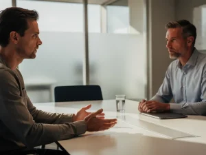 Werknemer en manager aan vergadertafel in rustig gesprek, handen open op tafel, zacht natuurlijk licht in professionele kantooromgeving.