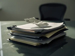 Stapel zakelijke HR-dossiers en juridische documenten op vergadertafel met gekreukelde factuur bovenop, dramatisch zijlicht.