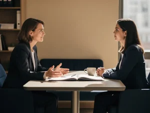HR-professional en medewerker in open gesprek aan vergadertafel met map en koffie, warm modern kantoor met natuurlijk licht.