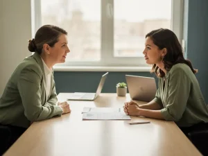 HR-manager en medewerker in open gesprek aan kantaartafel met gedeelde documenten, zachte natuurlijke belichting.